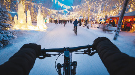 Experience a magical winter bike ride through a festive landscape filled with lightsの素材