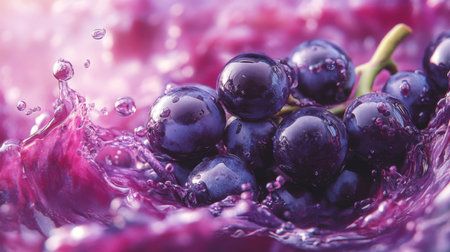 Grapes splashing in purple liquid create a vibrant display of wines natural essenceの素材