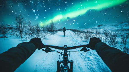 Winter night bike ride under northern lights in a snowy landscapeの素材