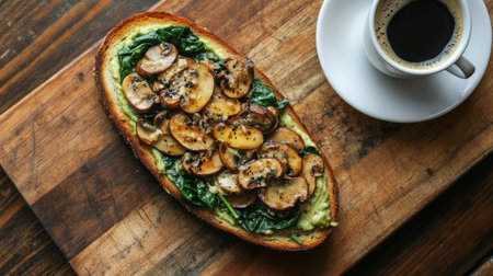 Delicious open-faced sandwich with mushrooms, spinach, and coffee on a rustic wooden tableの素材