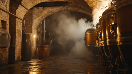 Exploring a rustic winery with steam rising from fermentation tanks at duskの素材