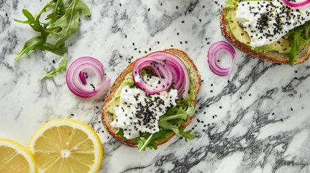 Avocado toast with red onion, arugula, and black sesame seedsの素材