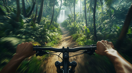 Exploring a lush forest trail while riding a bike with a view of a distant waterfallの素材