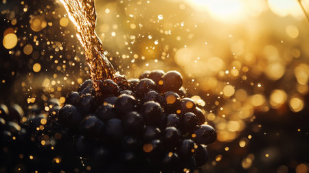 Harvesting ripe black grapes while sunlight glistens on the vineyard during autumnの素材