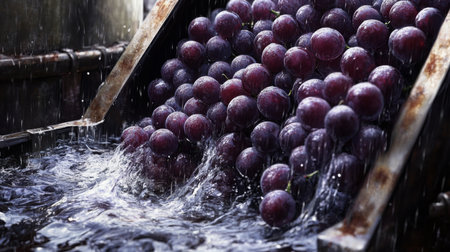 Freshly harvested grapes flowing into collection tank during wine production in a vineyardの素材