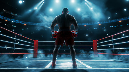 A determined boxer prepares to step into the ring during a night of championship fightsの素材