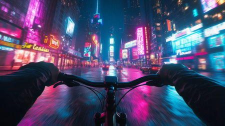 Nighttime bike ride through vibrant city streets with colorful lights and reflectionsの素材