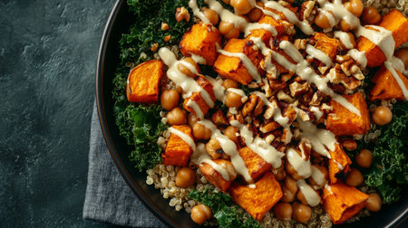 A close-up of a colorful salad with sweet potato, kale, chickpeas, and a creamy dressingの素材