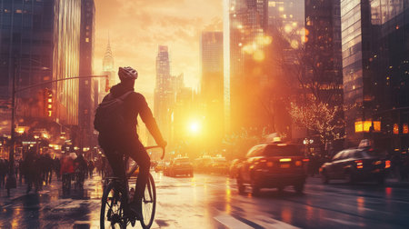 City cyclist enjoys a sunset ride through urban streetsの素材