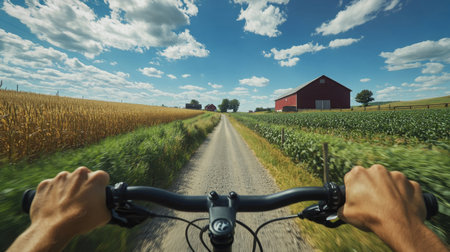 Experience a thrilling bike ride through scenic farmland on a bright and sunny dayの素材