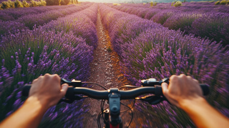 Vibrant bike ride through blooming lavender fields during golden hourの素材