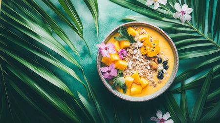 Colorful tropical smoothie bowl topped with fresh fruit and granola on a green backdropの素材