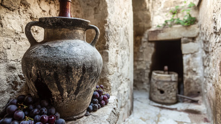 Natural wine vessel and grapes displayed in an ancient stone settingの素材