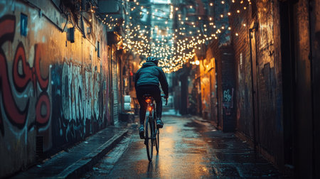 Evening bike ride through a vibrant urban alley illuminated by fairy lightsの素材