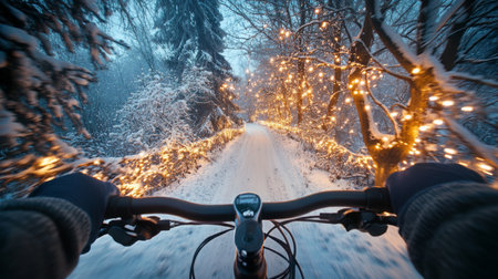 Experience a winter bike ride through a snow-covered path adorned with twinkling lightsの素材