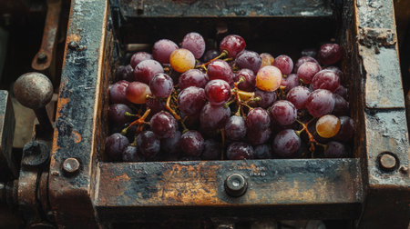 Grapes undergoing pressing in a rustic wine-making process in a natural settingの素材