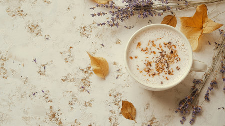 Cozy autumn drink served in a cup with lavender and dried leaves on a rustic tableの素材