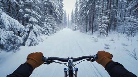 Biking through a snowy forest trail in winter with a point of view perspectiveの素材