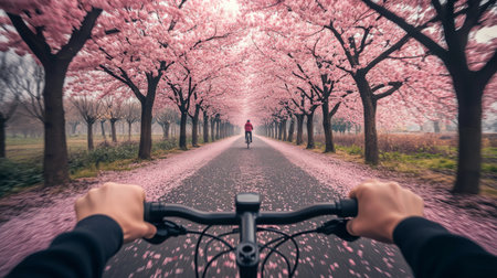 Enjoying a serene bike ride through cherry blossom trees on a peaceful spring dayの素材