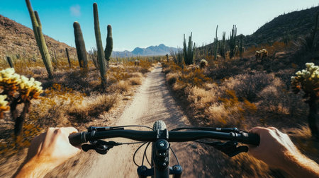 Exploring a desert trail on a bike with a point of view perspective during a sunny dayの素材
