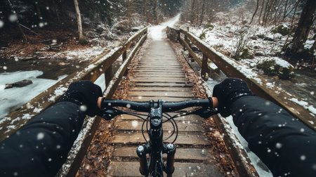 Experience a thrilling bike ride through a snowy forest landscape on a wooden bridgeの素材