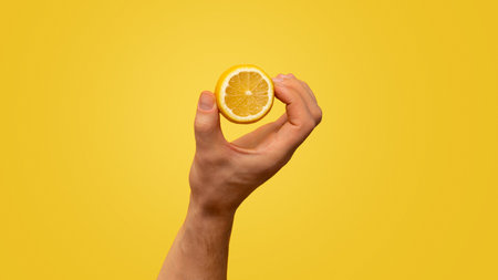 Young man showing cut lemon fruit over orange background, closeup with space for textの写真素材