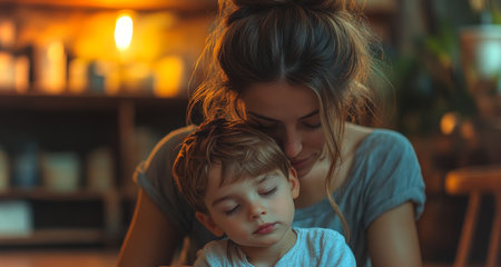 Comforting embrace between mother and child in a cozy indoor setting during evening. Generative AIの素材