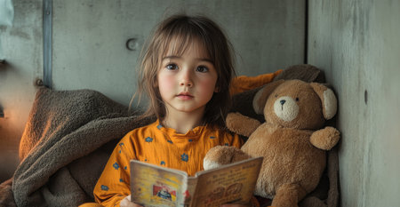 Child reading a book with a teddy bear in a cozy indoor space during the afternoon. Generative AIの素材