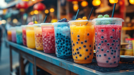 Colorful ice cream cones lined up along a seaside railing during sunset, inviting summer vibes and sweet indulgence. Generative AIの素材
