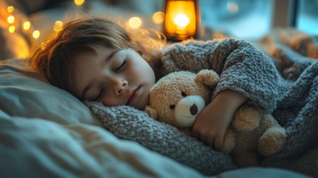 Child peacefully sleeping with teddy bear in cozy bedroom setting at night. Generative AIの素材