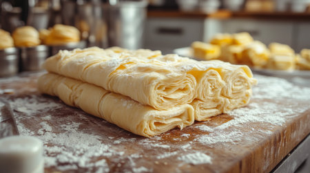Freshly prepared pastry dough stacked on a wooden surface in a bustling kitchen during afternoon cooking. Generative AIの素材