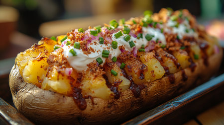 Savory loaded baked potato topped with sour cream, bacon, and chives on a rustic platter. Generative AIの素材