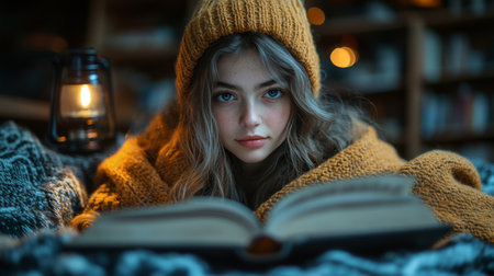 Cozy reading session by the warm glow of a lantern in a peaceful indoor setting during autumn evenings. Generative AIの素材