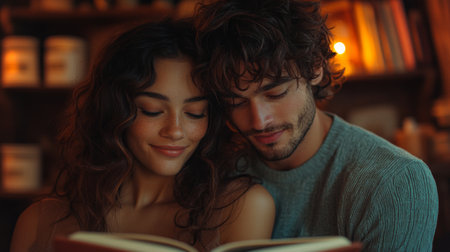 Couple enjoying a cozy reading session together in a warm library setting during the evening. Generative AIの素材