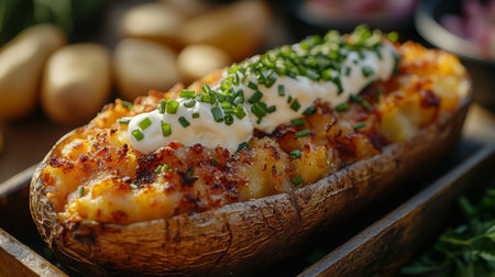 Delicious baked potato topped with sour cream and chives served on a wooden platter. Generative AIの素材