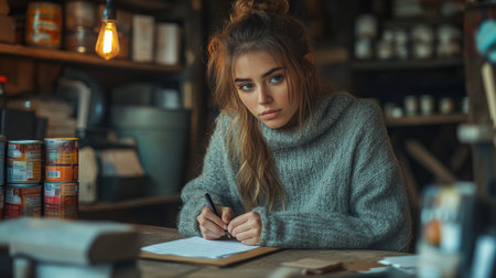Young woman in cozy sweater writing notes in a warm and inviting workspace with rustic decor and soft lighting. Generative AIの素材