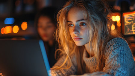 Young woman focused on laptop screen in a cozy, dimly lit environment with warm lights during evening hours. Generative AIの素材