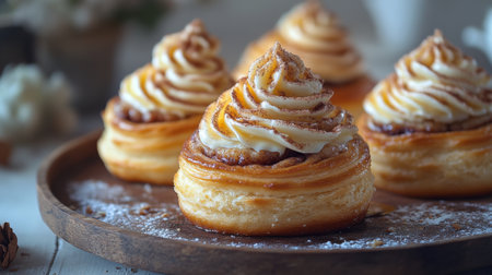 Delicious pastry treats topped with creamy frosting and caramel drizzle served on a wooden plate. Generative AIの素材
