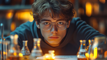 Young scientist conducts experiments in a dimly lit laboratory during the evening hours with various glassware. Generative AIの素材
