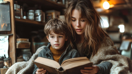 Mother and child enjoy a cozy reading session together in a warm and inviting space during a quiet afternoon. Generative AIの素材