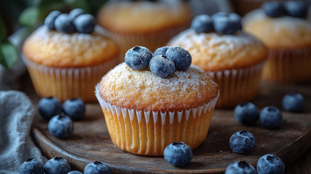 Delicious blueberry muffins freshly baked, presented on a wooden platter with blueberries scattered around. Generative AIの素材