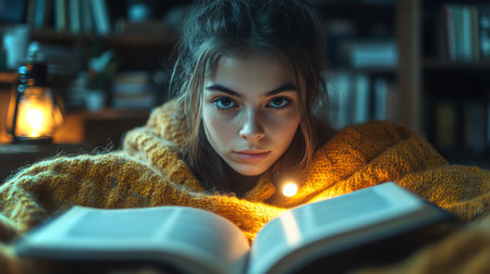 Cozy evening reading by candlelight with a warm blanket and a book in a dimly lit room. Generative AIの素材