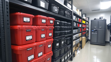 Organized storage area with red and black containers arranged on metal shelves in a functional workspace. Generative AIの素材
