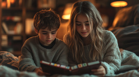 Children enjoying a cozy evening reading together in a warm, softly lit living room during winter. Generative AIの素材