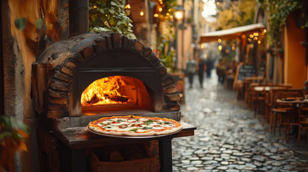 Wood-fired pizza baking in a charming cobblestone street of a rustic town during the early evening. Generative AIの素材