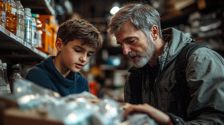 Grandfather and grandson examine items in a workshop filled with tools and supplies during a weekend afternoon. Generative AIの素材