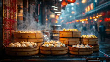 Delicious waffles topped with fresh strawberries and whipped cream at a market stall during a sunny day. Generative AIの素材