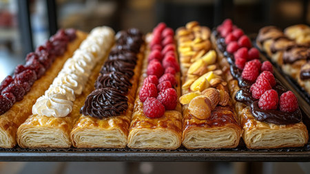 Sweet dessert platter featuring freshly made pastries with chocolate and nuts in a cozy cafe setting. Generative AIの素材
