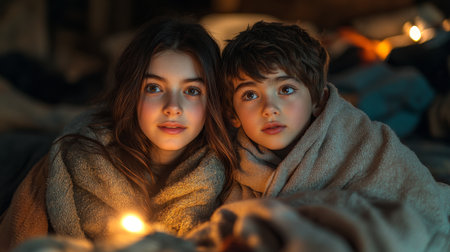 Children enjoying a cozy evening with blankets and candlelight in a warm, dimly lit indoor setting. Generative AIの素材