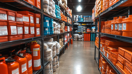 Large storage area filled with organized supplies and safety equipment in a warehouse during the day. Generative AIの素材